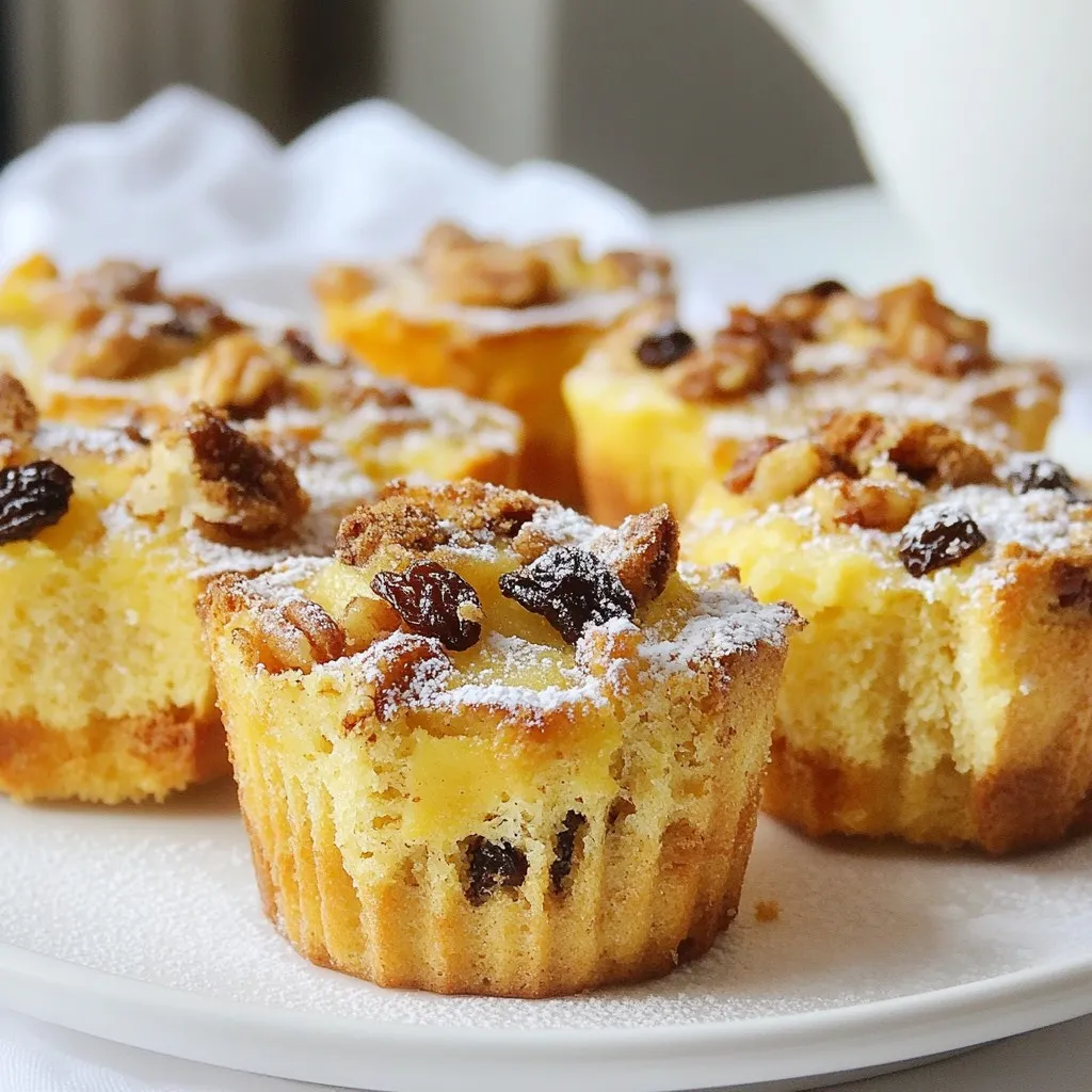 The key to making Eggnog Bread Pudding Muffins lies in your choice of bread. Use French bread or challah. Both types soak up the eggnog well, giving the muffins a rich flavor. Next, we have the flavorings. The main star is eggnog, which gives the muffins their holiday charm. Pair it with vanilla, nutmeg, and cinnamon. These spices add warmth and depth to the dish. You can add some fun extras too! Consider raisins or cranberries for a fruity burst. Chopped pecans or walnuts also work well for a crunchy texture. - 4 cups stale bread (French or challah), cubed - 2 cups eggnog (store-bought or homemade) - 3 large eggs - 1/2 cup brown sugar - 1 teaspoon vanilla extract - 1 teaspoon ground nutmeg - 1 teaspoon ground cinnamon - 1/2 cup raisins or cranberries (optional) - 1/4 cup chopped pecans or walnuts (optional) - Butter (for greasing the muffin tin) Gather these ingredients, and you are ready to make a delightful treat! {{ingredient_image_1}} Start by soaking the bread in eggnog. Cut your stale bread into cubes. Place the cubes in a large bowl and pour two cups of eggnog over them. Let the bread soak for about 10-15 minutes. This step is key for soft, rich muffins. Next, you will combine the wet and dry ingredients. In another bowl, whisk together three large eggs, half a cup of brown sugar, one teaspoon of vanilla, one teaspoon of nutmeg, and one teaspoon of cinnamon. Mix until everything blends well. Pour this egg mixture over the soaked bread and gently fold it together. If you like, add half a cup of raisins or cranberries and a quarter cup of chopped nuts. Mix just enough to combine. Now it's time to fill the muffin tin. Grease the muffin tin with butter. Spoon the mixture into each cup, filling them about three-quarters full. This keeps them from overflowing while baking. For tips on portioning the mixture, use a large spoon or an ice cream scoop. This helps you fill each cup evenly. It also makes the process faster and cleaner. Preheat your oven to 350°F (175°C) before baking. Bake the muffins for 25-30 minutes. You want the tops to turn golden brown. To check for doneness, insert a toothpick into the center of a muffin. If it comes out clean, they are ready. Let the muffins cool in the tin for five minutes. Then, move them to a wire rack to cool completely. Enjoy them warm or at room temperature. Stale bread works best for this recipe. It absorbs eggnog well. Store bread in a cool, dry place. If you have leftover bread, cut it into cubes. Let it sit out for a day or two. This helps it dry out and get ready for your muffins. If you want to change the flavor, you can swap eggnog. Use milk, cream, or a dairy-free milk. Add spices to keep it festive. You could also add a splash of rum or bourbon. This gives the muffins a warm kick. These muffins taste great warm or at room temperature. Warm muffins are soft and gooey. If you serve them cool, they still taste amazing. For garnishes, sprinkle powdered sugar on top. You can also add a dash of cinnamon. Serve with whipped cream for extra fun. Arrange muffins on a pretty plate to impress guests. They look festive and taste delicious! Pro Tips Use Fresh Ingredients: Always opt for fresh eggs and high-quality eggnog for richer flavor in your muffins. Soak Time Matters: Allow the bread to soak in the eggnog mixture long enough to fully absorb the liquid, ensuring a moist final product. Mix-ins for Variety: Experiment with different dried fruits or nuts for unique flavor combinations each time you make these muffins. Storage Tips: Store leftovers in an airtight container in the fridge for up to 3 days; reheat in the microwave for a quick breakfast treat. {{image_2}} You can change the flavor of your eggnog bread pudding muffins easily. Nutmeg and cinnamon are both great choices. If you prefer a warm and cozy taste, stick with nutmeg. It adds a lovely spice that feels like a hug in a muffin. If you want something sweeter, cinnamon might be your best pick. It gives off a warm, inviting aroma that fills your kitchen. You can also play with bread types. While French or challah bread works well, try whole wheat for a nutty taste. Brioche is another fantastic option. Its rich texture makes the muffins fluffy and decadent. Each type of bread brings its own twist to the recipe, so feel free to experiment. If you need gluten-free muffins, swap the bread for gluten-free options. Look for gluten-free bread made from almond or oat flour. This will keep the taste nice while making it safe for those with gluten issues. For a dairy-free version, select plant-based eggnog. Almond, soy, or coconut milk eggnog will work just fine. You can still enjoy the creamy texture without using dairy. It's a great way to make this holiday treat fit your needs. To keep your Eggnog Bread Pudding Muffins fresh, store them in an airtight container. This helps prevent drying out. Line the container with a paper towel to absorb any moisture. You can keep them at room temperature for up to three days. For longer storage, freeze the muffins. Wrap each muffin tightly in plastic wrap. Then place them in a freezer-safe bag. They can stay good for up to three months in the freezer. To enjoy the muffins warm again, use the oven or microwave. For the oven, preheat it to 350°F (175°C). Place the muffins on a baking sheet and heat for about 10 minutes. This method keeps the texture nice and fluffy. If you use the microwave, heat each muffin for 15-20 seconds. Be careful not to overheat, as this can make them tough. Enjoy the delicious taste of your muffins again! You can use fresh bread. But stale bread works best. It soaks up the eggnog better. Fresh bread may make the muffins too soggy. If you use fresh bread, reduce the soaking time. Aim for about 5 minutes. This keeps the texture nice and fluffy. These muffins last for about three days at room temperature. Store them in an airtight container. You can keep them in the fridge for a week. Just make sure to cover them well. This keeps them moist and tasty. Yes, you can make these muffins ahead of time. Bake them a day or two before your event. Just store them in an airtight container. You can also freeze them for later. Thaw them overnight in the fridge. Reheat them in the oven for a warm treat! These muffins blend rich bread, eggnog, and warm spices for a tasty treat. You learned how to mix, bake, and perfect them with fun tips and variations. Always feel free to tweak the recipe to suit your taste. Remember to store your muffins well, so they stay fresh. Enjoy sharing them warm or room temperature with friends and family. Try making this recipe your own and savor every bite!