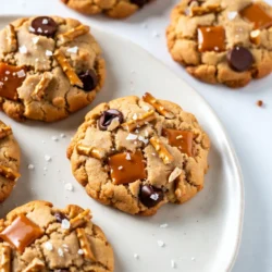 To make Salted Caramel Pretzel Cookies, gather these ingredients: - 1 cup unsalted butter, softened - 3/4 cup brown sugar, packed - 3/4 cup granulated sugar - 1 large egg - 2 teaspoons vanilla extract - 2 cups all-purpose flour - 1 teaspoon baking soda - 1/2 teaspoon salt - 1 cup crushed pretzels - 1 cup caramel candies, unwrapped - 1/2 cup milk chocolate chips - Sea salt flakes for topping Each ingredient plays a key role in the flavor and texture. The butter gives richness, while brown sugar adds moisture. Granulated sugar helps cookies spread. The egg binds everything together and adds fluff. Vanilla extract enhances the sweet notes. Flour is the base that holds the mix. Baking soda helps the cookies rise, giving them a nice puff. Salt balances the sweetness and adds depth. Crushed pretzels bring a crunchy texture and salty bite. Caramel candies melt into gooey pockets of sweetness. Milk chocolate chips offer a creamy contrast. Finally, sea salt flakes add a burst of flavor on top. As you gather these ingredients, imagine the tasty treat you will create. Each bite will be sweet, salty, and utterly delicious. {{ingredient_image_1}} First, set your oven to 350°F (175°C). This is the perfect temperature for baking cookies. Next, get a baking sheet and line it with parchment paper. This helps the cookies not to stick. In a large bowl, put the softened butter, brown sugar, and granulated sugar. Mix them well until they are light and fluffy. This takes a couple of minutes. Then, add one large egg and two teaspoons of vanilla extract. Beat them in until everything is mixed well. In another bowl, whisk together two cups of all-purpose flour, one teaspoon of baking soda, and half a teaspoon of salt. Make sure there are no lumps. Gradually add this dry mix to your wet ingredients. Stir gently until just combined. Now, fold in one cup of crushed pretzels, one cup of unwrapped caramel candies, and half a cup of milk chocolate chips. Make sure these are evenly mixed throughout the dough. Use a cookie scoop or a tablespoon to drop dough onto the baking sheet. Space them about two inches apart. Sprinkle a few sea salt flakes on top of each cookie dough mound. This adds a nice salty crunch. Bake the cookies for 10-12 minutes. The edges should be golden brown. The centers might look a bit underbaked, but that’s okay for a chewy cookie. Let them cool on the sheet for five minutes. Then, transfer them to a wire rack to cool completely. Enjoy your tasty cookies! To make cookies soft and chewy, watch the baking time closely. Remove them from the oven when the edges turn golden, but the center looks soft. This method keeps them chewy. Letting them cool on the baking sheet also helps them set nicely. Feel free to add your twist! You can mix in nuts, like pecans or walnuts, for crunch. If you love a stronger caramel taste, try using caramel bits instead of candies. You can also swap in dark chocolate chips for a richer flavor that balances the sweetness. If you need a dairy-free option, use vegan butter and dairy-free chocolate chips. For gluten-free cookies, you can replace all-purpose flour with a gluten-free blend. Just make sure the blend has xanthan gum for the right texture. These swaps keep the cookies tasty and enjoyable for all. Pro Tips Chill the Dough: For thicker cookies, chill the dough for at least 30 minutes before baking. This helps the cookies maintain their shape and enhances the flavors. Use Fresh Caramels: Ensure your caramel candies are fresh and soft for the best melting results. If they are hard, consider microwaving them for a few seconds to soften. Monitor Baking Time: Since ovens can vary, keep an eye on the cookies as they bake. Remove them when the edges are golden, even if the centers look slightly underbaked for a chewy texture. Experiment with Toppings: Feel free to mix in other toppings like nuts, or swap out the milk chocolate chips for dark chocolate for a richer flavor. {{image_2}} You can switch up your pretzels for more crunch and flavor. Try using chocolate-covered pretzels. They add a sweet twist that pairs well with caramel. You can also use sourdough pretzels for a salty kick. The saltiness enhances the sweet caramel taste. Just crush them like regular pretzels. This gives your cookies a fun new texture. While milk chocolate chips are delicious, you can play with flavors. Swap in dark chocolate chips for a richer taste. White chocolate chips add a creamy sweetness that balances the saltiness. You could even mix the two for a fun look. This gives your cookies different flavor bursts with each bite. If you want to try something new, use caramel sauce instead of candies. Drizzle it on top after baking for a gooey finish. You can also use homemade caramel if you’re feeling adventurous. Just be sure it’s thick enough to hold up in the cookies. This way, you can customize your cookies to your taste. To keep your Salted Caramel Pretzel Cookies fresh, store them in an airtight container. This helps keep them soft and chewy. Place parchment paper between layers to avoid sticking. For the best taste, enjoy them within a week. Freezing cookie dough is easy. First, scoop the dough into balls and place them on a baking sheet. Freeze the balls for about 1-2 hours. Once firm, transfer them to a freezer bag. Label the bag with the date. You can freeze dough for up to three months. Baked cookies stay fresh for about a week at room temperature. If you want them to last longer, store them in the freezer. Thaw them at room temperature when ready to eat. This keeps their yummy flavor intact. You can tell the cookies are done when the edges are golden brown. The center might look soft or slightly underbaked. This gives them a chewy texture, which is perfect. Yes, you can use store-bought caramel sauce. However, the candies provide a chewy bite that sauce may not. If you choose sauce, drizzle it on top after baking for extra flavor. These cookies pair well with milk or coffee. You can also serve them with ice cream for a fun dessert. They are great for sharing at parties or family gatherings. Store baked cookies in an airtight container at room temperature. They stay fresh for about a week. You can also freeze the cookies for up to three months. Absolutely! You can swap the milk chocolate chips for dark or white chocolate. You can also use different types of pretzels for a unique crunch. If you don’t have all-purpose flour, you can use a gluten-free blend. Just ensure it has a good binding agent, like xanthan gum, for the right texture. Yes, you can prepare the dough and store it in the fridge for up to 3 days. You can also freeze it for up to a month. Just thaw it before baking. This recipe yields about 24 cookies. You can easily double it if you want to make more for gatherings. Yes, kids will love helping to mix the dough and add the pretzels and caramel. Just be cautious with the oven and baking time. In this post, we explored how to make Salted Caramel Pretzel Cookies. We covered the key ingredients, simple steps, and useful tips. We also offered tasty variations and storage advice. Now, you have all the tools to create these delicious cookies. Baking should be fun, so feel free to experiment. Enjoy each bite and share with family and friends!