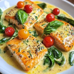 To create this delicious creamy garlic Tuscan salmon, you will need the following ingredients: - 4 salmon fillets (skinless) - 2 tablespoons olive oil - 4 cloves garlic, minced - 1 cup cherry tomatoes, halved - 1 cup baby spinach - 1 cup heavy cream - 1/2 cup grated Parmesan cheese - 1 teaspoon dried Italian herbs (basil, oregano) - Salt and pepper to taste - Fresh basil leaves for garnish Each ingredient adds a special touch. The salmon is the star, offering protein and flavor. Olive oil helps cook it perfectly. Garlic gives a rich aroma that fills your kitchen. Cherry tomatoes add a burst of sweetness and color. Baby spinach brings a fresh green note. Heavy cream creates that luscious sauce, while Parmesan adds depth. Italian herbs tie everything together with a hint of earthiness. Remember to season with salt and pepper for balance. Finally, fresh basil leaves make a lovely garnish that looks great and tastes amazing. {{ingredient_image_1}} Preparing the skillet Start by heating 2 tablespoons of olive oil in a large skillet over medium heat. This oil adds flavor and helps cook the salmon. Seasoning the salmon Take 4 skinless salmon fillets. Season both sides with salt and pepper. This step enhances the salmon's taste. Cooking time and indicators Place the salmon in the skillet. Cook for 4-5 minutes on each side. Look for a golden color and flakiness to know it’s done. Once cooked, remove the salmon and set it aside. Sautéing garlic In the same skillet, add 4 minced garlic cloves. Sauté for about 30 seconds until it smells great. Adding tomatoes and herbs Add 1 cup of halved cherry tomatoes and 1 teaspoon of dried Italian herbs. Cook for 3-4 minutes. You want the tomatoes to soften and release their juices. Incorporating spinach Next, stir in 1 cup of baby spinach. Cook until it wilts. This adds color and nutrition to the sauce. Pouring in heavy cream Lower the heat and add 1 cup of heavy cream. Stir well. Let it simmer for 2-3 minutes to thicken the sauce. Adding Parmesan cheese Mix in 1/2 cup of grated Parmesan cheese. Stir until it melts and becomes creamy. Taste and adjust salt and pepper if needed. Combining with salmon Return the cooked salmon to the skillet. Spoon the creamy sauce over the salmon. Simmer for another minute to heat everything through. To cook salmon just right, aim for an internal temperature of 145°F. You want it to be flaky but moist. Use a meat thermometer to check this. For a thicker sauce, let the cream simmer longer. This helps it reduce and become rich. Stir it often to prevent sticking. If you want a lighter sauce, you can swap heavy cream for half-and-half or Greek yogurt. Both will still give a nice creaminess. For cheese, try using mozzarella or goat cheese. Each will give a unique taste to your dish. Pair creamy garlic Tuscan salmon with garlic bread or a side of pasta. For a fresh touch, serve it with a salad. When plating, drizzle sauce over the salmon and add fresh basil on top. This makes your dish look gourmet and appetizing. Pro Tips Choose Fresh Salmon: Opt for fresh, high-quality salmon fillets for the best flavor and texture in your dish. Adjust Creaminess: For a lighter sauce, you can substitute half of the heavy cream with chicken broth or use a lower-fat cream option. Customize Your Greens: Feel free to add other leafy greens like kale or arugula for added nutrition and flavor. Garnish for Presentation: Always garnish your dish with fresh basil or parsley just before serving to enhance visual appeal and freshness. {{image_2}} You can easily swap the salmon for chicken or shrimp. For chicken, use boneless, skinless breasts. Cook them the same way as the salmon. For shrimp, sauté them in the skillet after cooking the garlic. Both options keep the dish tasty and creamy. To make it gluten-free, serve the dish with rice or gluten-free pasta. You can also enjoy it with steamed vegetables. For a vegan twist, use tofu instead of fish. Substitute the heavy cream with coconut cream or a cashew cream blend. This keeps the dish rich and flavorful without animal products. To add a kick, sprinkle in red pepper flakes while cooking. This gives the dish a nice heat. Fresh herbs like parsley or oregano can brighten the flavor. Toss them in at the end for a fresh taste. You can also try a squeeze of lemon juice for a zesty finish. To keep your creamy garlic Tuscan salmon fresh, store it in an airtight container. Place the salmon in the fridge within two hours of cooking. It will stay good for up to three days. If you want to keep it longer, then freezing is a good option. When you reheat your salmon, keep it creamy. Heat it slowly on the stove over low heat. This helps to maintain the sauce's texture. You can also use the microwave. Heat it in short bursts of 30 seconds. Check it often to avoid overcooking. Aim for about 2-3 minutes total in the microwave on low power. Yes, you can freeze creamy garlic Tuscan salmon! First, let it cool completely. Then, place it in a freezer-safe container. Make sure to use it within three months for the best taste. To thaw, move it to the fridge for several hours or overnight. Avoid thawing in the microwave, as it can change the texture. Reheat it gently after thawing for the best results. You can serve creamy garlic Tuscan salmon with many tasty sides. Garlic bread pairs well and adds crunch. A nice salad with mixed greens is fresh and light. You can also serve it over pasta or rice for a filling meal. Mashed potatoes or roasted vegetables complement the dish too. Making creamy garlic Tuscan salmon is quick and easy. It takes about 10 minutes to prep. Cooking takes around 15 minutes. So, you can have it ready in just 25 minutes. Perfect for a weeknight dinner! Yes, you can use frozen salmon. Just make sure to thaw it first. Place it in the fridge overnight or use cold water to speed it up. This way, the salmon cooks evenly and tastes great. Creamy garlic Tuscan salmon can be healthy. Salmon is rich in omega-3 fatty acids. The dish has spinach and tomatoes, adding vitamins. Use less cream or cheese if you want to cut calories. Overall, it’s a balanced meal. To add spice to creamy garlic Tuscan salmon, use red pepper flakes. Just sprinkle a bit while cooking the sauce. You can also add diced jalapeños or hot sauce for more heat. Adjust to your taste for a fun kick! In this blog post, I shared a simple recipe for creamy garlic Tuscan salmon. You learned about the key ingredients and step-by-step instructions to cook the dish perfectly. I also provided tips for ingredient swaps and serving ideas. You can even adjust the recipe to fit your taste or dietary needs. This dish is not only easy to make but also delicious. Enjoy preparing it for family or friends, and remember, cooking should be fun and rewarding!