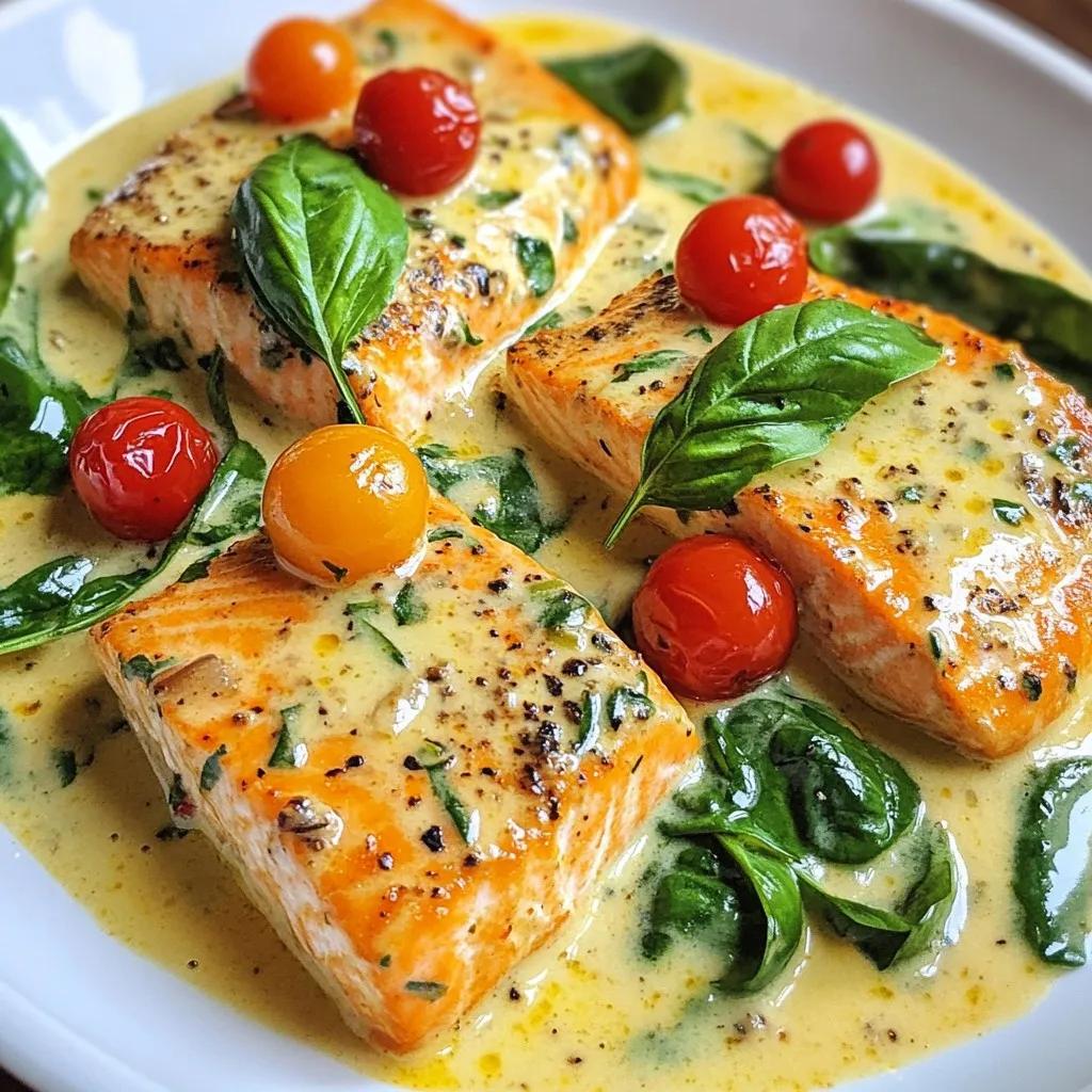 To create this delicious creamy garlic Tuscan salmon, you will need the following ingredients: - 4 salmon fillets (skinless) - 2 tablespoons olive oil - 4 cloves garlic, minced - 1 cup cherry tomatoes, halved - 1 cup baby spinach - 1 cup heavy cream - 1/2 cup grated Parmesan cheese - 1 teaspoon dried Italian herbs (basil, oregano) - Salt and pepper to taste - Fresh basil leaves for garnish Each ingredient adds a special touch. The salmon is the star, offering protein and flavor. Olive oil helps cook it perfectly. Garlic gives a rich aroma that fills your kitchen. Cherry tomatoes add a burst of sweetness and color. Baby spinach brings a fresh green note. Heavy cream creates that luscious sauce, while Parmesan adds depth. Italian herbs tie everything together with a hint of earthiness. Remember to season with salt and pepper for balance. Finally, fresh basil leaves make a lovely garnish that looks great and tastes amazing. {{ingredient_image_1}} Preparing the skillet Start by heating 2 tablespoons of olive oil in a large skillet over medium heat. This oil adds flavor and helps cook the salmon. Seasoning the salmon Take 4 skinless salmon fillets. Season both sides with salt and pepper. This step enhances the salmon's taste. Cooking time and indicators Place the salmon in the skillet. Cook for 4-5 minutes on each side. Look for a golden color and flakiness to know it’s done. Once cooked, remove the salmon and set it aside. Sautéing garlic In the same skillet, add 4 minced garlic cloves. Sauté for about 30 seconds until it smells great. Adding tomatoes and herbs Add 1 cup of halved cherry tomatoes and 1 teaspoon of dried Italian herbs. Cook for 3-4 minutes. You want the tomatoes to soften and release their juices. Incorporating spinach Next, stir in 1 cup of baby spinach. Cook until it wilts. This adds color and nutrition to the sauce. Pouring in heavy cream Lower the heat and add 1 cup of heavy cream. Stir well. Let it simmer for 2-3 minutes to thicken the sauce. Adding Parmesan cheese Mix in 1/2 cup of grated Parmesan cheese. Stir until it melts and becomes creamy. Taste and adjust salt and pepper if needed. Combining with salmon Return the cooked salmon to the skillet. Spoon the creamy sauce over the salmon. Simmer for another minute to heat everything through. To cook salmon just right, aim for an internal temperature of 145°F. You want it to be flaky but moist. Use a meat thermometer to check this. For a thicker sauce, let the cream simmer longer. This helps it reduce and become rich. Stir it often to prevent sticking. If you want a lighter sauce, you can swap heavy cream for half-and-half or Greek yogurt. Both will still give a nice creaminess. For cheese, try using mozzarella or goat cheese. Each will give a unique taste to your dish. Pair creamy garlic Tuscan salmon with garlic bread or a side of pasta. For a fresh touch, serve it with a salad. When plating, drizzle sauce over the salmon and add fresh basil on top. This makes your dish look gourmet and appetizing. Pro Tips Choose Fresh Salmon: Opt for fresh, high-quality salmon fillets for the best flavor and texture in your dish. Adjust Creaminess: For a lighter sauce, you can substitute half of the heavy cream with chicken broth or use a lower-fat cream option. Customize Your Greens: Feel free to add other leafy greens like kale or arugula for added nutrition and flavor. Garnish for Presentation: Always garnish your dish with fresh basil or parsley just before serving to enhance visual appeal and freshness. {{image_2}} You can easily swap the salmon for chicken or shrimp. For chicken, use boneless, skinless breasts. Cook them the same way as the salmon. For shrimp, sauté them in the skillet after cooking the garlic. Both options keep the dish tasty and creamy. To make it gluten-free, serve the dish with rice or gluten-free pasta. You can also enjoy it with steamed vegetables. For a vegan twist, use tofu instead of fish. Substitute the heavy cream with coconut cream or a cashew cream blend. This keeps the dish rich and flavorful without animal products. To add a kick, sprinkle in red pepper flakes while cooking. This gives the dish a nice heat. Fresh herbs like parsley or oregano can brighten the flavor. Toss them in at the end for a fresh taste. You can also try a squeeze of lemon juice for a zesty finish. To keep your creamy garlic Tuscan salmon fresh, store it in an airtight container. Place the salmon in the fridge within two hours of cooking. It will stay good for up to three days. If you want to keep it longer, then freezing is a good option. When you reheat your salmon, keep it creamy. Heat it slowly on the stove over low heat. This helps to maintain the sauce's texture. You can also use the microwave. Heat it in short bursts of 30 seconds. Check it often to avoid overcooking. Aim for about 2-3 minutes total in the microwave on low power. Yes, you can freeze creamy garlic Tuscan salmon! First, let it cool completely. Then, place it in a freezer-safe container. Make sure to use it within three months for the best taste. To thaw, move it to the fridge for several hours or overnight. Avoid thawing in the microwave, as it can change the texture. Reheat it gently after thawing for the best results. You can serve creamy garlic Tuscan salmon with many tasty sides. Garlic bread pairs well and adds crunch. A nice salad with mixed greens is fresh and light. You can also serve it over pasta or rice for a filling meal. Mashed potatoes or roasted vegetables complement the dish too. Making creamy garlic Tuscan salmon is quick and easy. It takes about 10 minutes to prep. Cooking takes around 15 minutes. So, you can have it ready in just 25 minutes. Perfect for a weeknight dinner! Yes, you can use frozen salmon. Just make sure to thaw it first. Place it in the fridge overnight or use cold water to speed it up. This way, the salmon cooks evenly and tastes great. Creamy garlic Tuscan salmon can be healthy. Salmon is rich in omega-3 fatty acids. The dish has spinach and tomatoes, adding vitamins. Use less cream or cheese if you want to cut calories. Overall, it’s a balanced meal. To add spice to creamy garlic Tuscan salmon, use red pepper flakes. Just sprinkle a bit while cooking the sauce. You can also add diced jalapeños or hot sauce for more heat. Adjust to your taste for a fun kick! In this blog post, I shared a simple recipe for creamy garlic Tuscan salmon. You learned about the key ingredients and step-by-step instructions to cook the dish perfectly. I also provided tips for ingredient swaps and serving ideas. You can even adjust the recipe to fit your taste or dietary needs. This dish is not only easy to make but also delicious. Enjoy preparing it for family or friends, and remember, cooking should be fun and rewarding!