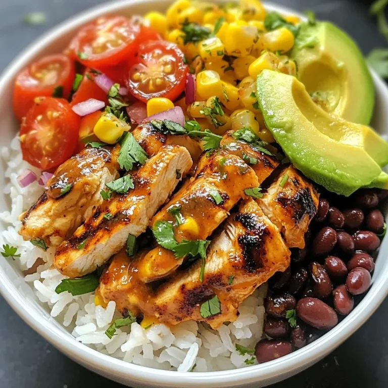 To make tasty Chipotle Chicken Burrito Bowls, gather these ingredients: - 2 chicken breasts, diced - 2 tablespoons chipotle sauce - 1 teaspoon cumin - 1 teaspoon smoked paprika - 1 tablespoon olive oil - 1 cup jasmine rice - 2 cups vegetable broth - 1 can black beans, drained and rinsed - 1 cup corn kernels (fresh or frozen) - 1 avocado, sliced - 1 cup cherry tomatoes, halved - 1/4 cup red onion, finely chopped - Fresh cilantro, for garnish - 1 lime, cut into wedges - Salt and pepper to taste If you need swaps, here are some easy options: - Chicken: Use diced turkey or tofu for a meat-free version. - Chipotle sauce: Try sriracha or your favorite hot sauce. - Jasmine rice: Substitute with brown rice or quinoa for a different flavor. - Black beans: You can use pinto beans or kidney beans instead. - Corn: Fresh corn works best, but frozen corn is a quick option. - Avocado: If avocados are hard to find, use guacamole instead. - Fresh cilantro: Swap with parsley or omit if you dislike it. These burrito bowls are not just yummy; they are also filling and nutritious. Each serving includes: - Calories: Approximately 550 - Protein: About 30 grams - Carbohydrates: Roughly 70 grams - Fats: Around 15 grams - Fiber: About 12 grams With balanced ingredients, these bowls offer a great mix of protein, carbs, and healthy fats. Enjoy a meal that tastes good and fuels your day! {{ingredient_image_1}} Start by taking your diced chicken breasts and placing them in a bowl. Add 2 tablespoons of chipotle sauce, 1 teaspoon of cumin, 1 teaspoon of smoked paprika, and 1 tablespoon of olive oil. Sprinkle in some salt and pepper to taste. Mix everything well so the chicken gets a nice coat of flavor. Cover the bowl and let it sit for at least 30 minutes. This step is key for making the chicken burst with flavor. While your chicken marinates, it’s time to cook the jasmine rice. First, rinse 1 cup of jasmine rice under cold water until it runs clear. This helps to remove excess starch. In a saucepan, bring 2 cups of vegetable broth to a boil. Add the rinsed rice to the boiling broth. Cover the pot and lower the heat. Let it cook for about 15 minutes. Once done, fluff it with a fork and set it aside. Next, heat a large skillet over medium heat. Add the marinated chicken and cook for about 7-10 minutes. Stir it often to make sure it cooks evenly. You want the chicken to be fully cooked and slightly charred. After that, add the drained and rinsed black beans and corn to the skillet. Heat them together for about 3-4 minutes. This adds extra texture and flavor to your bowl. Now comes the fun part: assembling your burrito bowls! Start by placing a big scoop of jasmine rice at the bottom of each bowl. Next, add a generous portion of the spicy chipotle chicken on top. Then, spoon in the warm black bean and corn mixture. Finish off by adding sliced avocado, halved cherry tomatoes, and a sprinkle of finely chopped red onion. Don’t forget to garnish with fresh cilantro. Serve with a wedge of lime for a zesty touch. Enjoy your delicious creation! To get juicy, well-cooked chicken, follow these steps: - Marinate Well: Use chipotle sauce, cumin, smoked paprika, and olive oil. Let the chicken sit for at least 30 minutes. This adds flavor and keeps it moist. - Cook at Medium Heat: Use medium heat in your skillet. This helps the chicken cook evenly. - Check for Doneness: Chicken should reach 165°F (75°C). Use a meat thermometer for best results. Overcooking can dry it out. Here are some common pitfalls to watch out for: - Skipping the Marinade: Don't skip marinating the chicken. This step adds essential flavor. - Overcrowding the Pan: Cook chicken in batches if needed. Overcrowding can steam the chicken, making it rubbery. - Not Rinsing the Rice: Always rinse jasmine rice. This removes excess starch and prevents it from being gummy. Make your burrito bowls look as good as they taste: - Layering is Key: Start with a base of jasmine rice. Then, add chicken, beans, and corn. - Top with Fresh Ingredients: Add avocado, cherry tomatoes, and red onion for color and freshness. - Garnish for Appeal: Use fresh cilantro and a lime wedge for a pop of color and flavor. - Serving Bowls: Use clear or colorful bowls. This showcases the vibrant layers and makes your meal inviting. Pro Tips Marinate for Flavor: Allow the chicken to marinate for at least 30 minutes, or even longer if possible, to enhance the flavor and tenderness. Perfect Rice: Rinse the jasmine rice thoroughly to remove excess starch, resulting in fluffier rice once cooked. Even Cooking: Ensure the chicken pieces are of uniform size for even cooking and to achieve a nice char on all sides. Fresh Garnish: Use fresh cilantro and lime wedges to brighten up the dish just before serving, enhancing the overall flavor profile. {{image_2}} You can easily make a vegetarian burrito bowl. Skip the chicken and use black beans as your main protein. You can add grilled veggies like bell peppers, zucchini, and mushrooms. For a vegan option, use tofu instead of chicken. Marinate the tofu in chipotle sauce for flavor. This gives your bowl a tasty twist. You can also add more beans or lentils for protein. They are filling and healthy. If you prefer beef, use ground beef or steak. Season it with chipotle sauce and spices just like the chicken. For pork, try pulled pork or diced pork tenderloin. Both work well with the same marinade. Tofu is a great choice, too. It soaks up flavors and adds protein. No matter your choice, the key is to marinate well. This ensures each bite is packed with flavor. You can change the flavor of your burrito bowl with simple swaps. Try adding salsa or pico de gallo for freshness. A touch of lime juice brightens the dish. If you like heat, add jalapeños or hot sauce. You can even switch up the rice. Use brown rice or quinoa for a nutty flavor. For a creamy touch, add a dollop of sour cream or Greek yogurt. Each variation keeps your meal exciting and new. Storing your leftovers right helps keep them fresh. First, let the burrito bowls cool to room temperature. Then, divide them into airtight containers. Keep the chicken, rice, beans, and toppings separate if you can. This way, they stay fresh longer. Store them in the fridge for up to 4 days. If you notice any odors, toss them out. Reheating is easy and quick! You can use the microwave or stovetop. For the microwave, place the bowl in for about 1-2 minutes. Stir halfway to heat evenly. If using the stovetop, add a splash of water to the pan, cover, and heat on low until warm. This keeps the rice moist and tasty. Freezing is a great way to save time. You can freeze the chicken and rice together in a container. Just make sure to cool them first. They can last in the freezer for up to 3 months. When you’re ready to eat, thaw them in the fridge overnight. Reheat as mentioned above. For best results, do not freeze toppings like avocado or tomatoes; they do not freeze well. To make Chipotle Chicken Burrito Bowls from scratch, start by marinating diced chicken breasts in chipotle sauce, cumin, smoked paprika, olive oil, salt, and pepper for at least 30 minutes. This step adds flavor. While the chicken marinates, rinse jasmine rice until the water runs clear. Cook it in vegetable broth for about 15 minutes until fluffy. Next, cook the marinated chicken in a skillet for 7-10 minutes until done. Then, add black beans and corn to the skillet. Warm them for 3-4 minutes. Finally, assemble your bowls with rice, chicken, beans, corn, avocado, tomatoes, red onion, and cilantro. Serve with lime. The best type of rice for these burrito bowls is jasmine rice. It has a lovely fragrance and texture. Jasmine rice cooks fluffy and pairs well with the spicy chicken. You can also use basmati rice or long-grain white rice if you prefer. Just ensure to rinse it well before cooking. Yes, you can make these burrito bowls in advance. Prep the chicken and rice, then store them in separate containers. You can also keep the toppings like avocado and tomatoes fresh in the fridge. When you're ready to eat, just heat the chicken and rice and assemble your bowl. This meal prep saves time during busy weeks. You can buy chipotle sauce at most grocery stores. Look in the international or condiment aisle. Many brands offer chipotle sauce, so you can choose one that fits your taste. You can also find it online if you prefer. Making your own chipotle sauce is an option too, using dried chipotle peppers, garlic, and vinegar. Yes, these burrito bowls can be healthy. They contain lean protein from chicken, fiber from black beans, and vitamins from fresh veggies. You can control the ingredients and portions, making them a balanced meal. Using olive oil adds healthy fats, while lime adds flavor without extra calories. In this blog post, we covered how to create delicious Chipotle Chicken Burrito Bowls. We discussed the complete ingredient list, alternatives, and nutritional facts. I shared step-by-step instructions for marinating and cooking. You learned tips for perfecting your chicken and avoiding common mistakes. We explored variations, including vegetarian options and flavor add-ins. Lastly, I provided storage tips to keep your leftovers fresh. Enjoy making this meal and customizing it to your taste. Your home-cooked burrito bowls can be fun and healthy!