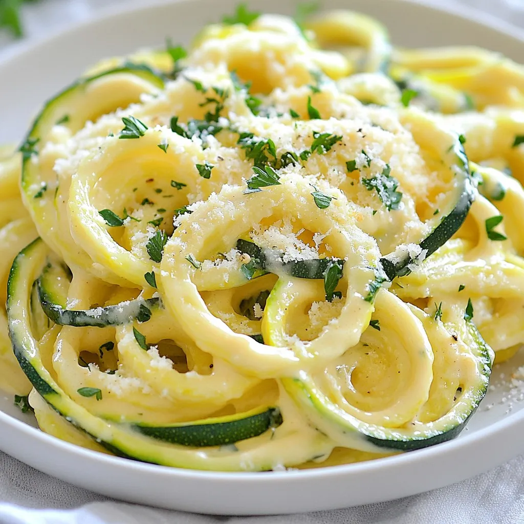 - 4 medium zucchinis (zoodles) - 3 cloves garlic, minced - 1 cup cauliflower florets (steamed) - 2 tablespoons olive oil - 1/2 cup unsweetened almond milk (or milk of choice) - 1/4 cup nutritional yeast - Juice from 1 lemon - Zest from 1 lemon - Salt and pepper to taste - Fresh parsley for garnish - Optional: grated Parmesan cheese for topping I love using fresh ingredients in my cooking. Zucchinis are a star in this dish because they make zoodles. They are light and fun to eat. You can spiralize them easily. Just pick medium zucchinis for the best texture. Garlic gives this dish its great flavor. Minced garlic releases all its oils when you cook it. This adds depth to the sauce. I also include steamed cauliflower. It blends smoothly into the sauce and adds creaminess without heavy cream. In my pantry, I keep olive oil. It is perfect for sautéing garlic. Almond milk keeps the dish light. You can use any milk you prefer. Nutritional yeast adds that cheesy flavor without dairy. It is a great option for vegan cooking. Lemon juice and zest brighten the dish. They add a fresh taste that makes it lively. Don’t forget salt and pepper! They help bring all the flavors together. Finally, fresh parsley is a must for garnish. It adds color and freshness. If you want a touch of richness, sprinkle some grated Parmesan cheese on top. {{ingredient_image_1}} - Use a spiralizer or julienne peeler to cut zucchinis into noodle shapes. - Set aside the prepared zoodles. To start, grab your zucchinis. I recommend using medium-sized ones for the best results. Spiralizing them creates fun, thin noodles. If you don’t have a spiralizer, a julienne peeler works well too. Once you have your zoodles, place them on a plate and set them aside. - Sauté minced garlic in olive oil. - Cook steamed cauliflower and blend with remaining sauce ingredients. Next, let’s make the sauce. Heat a large skillet over medium heat and add the olive oil. Once it’s hot, toss in your minced garlic. Sauté it for about one minute. The aroma will fill your kitchen, but watch closely so it doesn’t burn. After that, add the steamed cauliflower florets. Cook these for another 2-3 minutes, stirring often. Now, it’s time to blend. Pour the garlic and cauliflower mix into a blender. Add almond milk, lemon juice, lemon zest, nutritional yeast, salt, and pepper. Blend until smooth and creamy. You can adjust the thickness by adding more almond milk if you like. - Heat the creamy sauce and mix with zoodles. - Adjust seasoning and serve garnished. Return the creamy sauce to the skillet and warm it over low heat. Then, add the zoodles to the sauce. Toss everything gently for about 2-3 minutes. You want the zoodles to be tender but still have a bit of bite. Taste your dish and adjust the seasoning as needed. If you want more flavor, add salt, pepper, or lemon juice. Finally, serve your Lemon Garlic Zoodle Alfredo with fresh parsley on top. For an extra treat, sprinkle some grated Parmesan cheese if you like. Enjoy this bright and fresh meal! - Look for firm, medium-sized zucchinis. They should feel heavy for their size. - Store zucchinis in a cool, dry place. Keep them in the fridge for longer life. - You can adjust the sauce thickness by adding more almond milk. Start with a little. - Use a good blender for a creamy finish. Blend until there are no lumps left. - Try adding spices like red pepper flakes or herbs like basil. These add warmth and depth. - Garnish with fresh parsley or grated Parmesan cheese. This gives a nice touch to each plate. Pro Tips Choose Fresh Zucchini: Select firm and shiny zucchinis for the best flavor and texture. Avoid those with blemishes or soft spots. Adjust Sauce Consistency: If you prefer a thinner sauce, gradually add more almond milk until you reach your desired creaminess. Enhance Flavor with Herbs: Add fresh basil or thyme to the sauce for an extra layer of flavor that complements the lemon and garlic. Serve Immediately: Zoodles can become soggy if left too long, so serve this dish right after mixing in the sauce for the best texture. {{image_2}} You can easily make this dish vegan and dairy-free. Start by using different plant-based milks. Almond, oat, or soy milk work well. Each milk brings a unique taste and texture. Next, substitute nutritional yeast for cheesy flavors. Nutritional yeast adds a savory taste without dairy. This step keeps the dish creamy and light while being vegan-friendly. If you want more protein, consider adding chicken or shrimp. Cook them separately and toss them in at the end. This addition makes the meal heartier and more filling. For a vegetarian option, add legumes like chickpeas or lentils. They blend well with zoodles and boost nutrition. These options help you tailor the dish to your taste. Get creative with additional vegetables. Bell peppers, spinach, or mushrooms pair well with zoodles. You might even try seasonal or local veggies for freshness. Asparagus in spring or squash in the fall can elevate the dish. Feel free to mix and match based on what you have at home. These add-ins enhance both flavor and nutrition. To keep your Lemon Garlic Zoodle Alfredo fresh, store it in an airtight container. Make sure it cools down before sealing. This dish lasts about 3 to 4 days in the fridge. Always check for any off smells before eating. When reheating, you can use either the microwave or the stovetop. If you choose the microwave, heat in short bursts. Stir between each burst to heat evenly. For stovetop reheating, warm it in a skillet over low heat. This helps keep the zoodles firm. Avoid high heat, as it can make them mushy. You can freeze Lemon Garlic Zoodle Alfredo, but the texture may change. If you want to freeze it, pack it into a freezer-safe container. It can last up to 2 months in the freezer. When ready to eat, thaw it overnight in the fridge. Reheat it gently to preserve the zoodles' texture. Zoodles are zucchini noodles made from fresh zucchinis. They are a great pasta substitute. You can spiralize zucchinis to create long, noodle-like shapes. Zoodles are low in carbs and calories, making them a healthy choice. They provide fiber and vitamins, too. You can enjoy them raw or cooked. Yes, you can prepare some parts in advance. Make the zoodles and store them in the fridge. You can also make the Alfredo sauce ahead. Just blend it and keep it in an airtight container. When ready to serve, warm the sauce and add the zoodles. This saves time on busy days. To make a low-carb version, stick with zoodles. For the Alfredo sauce, use fewer carbs. You can substitute almond milk for heavy cream. Use nutritional yeast for a cheesy flavor without dairy. These swaps keep your dish light and tasty. Enjoy your meal without the extra carbs! This blog post covered how to make a delicious Lemon Garlic Zoodle Alfredo using fresh and pantry staples. You learned how to prepare zoodles, make a creamy sauce, and mix it all together. I shared tips for choosing the best zucchini and variations to make this dish your own. Remember, you can store leftovers properly and even freeze them for later. Enjoy your cooking adventure and delight in the flavors of this dish! Your kitchen has endless possibilities waiting for you.