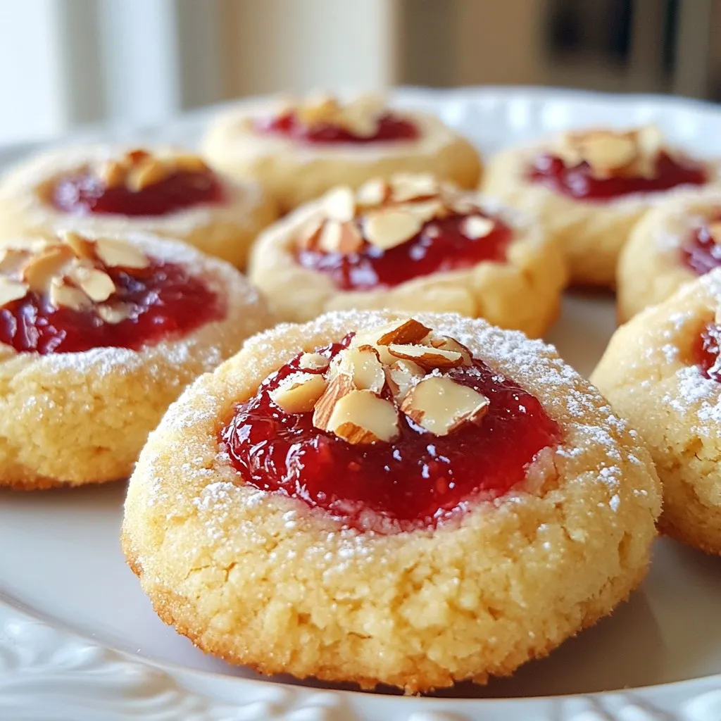 To make Raspberry Almond Thumbprint Cookies, gather these simple ingredients: - 1 cup unsalted butter, softened - 1/2 cup powdered sugar - 1 teaspoon almond extract - 2 cups all-purpose flour - 1/2 teaspoon baking powder - 1/4 teaspoon salt - 1/2 cup whole almonds, toasted and finely chopped - 1/2 cup raspberry jam (preferably seedless) - Optional: Additional powdered sugar for dusting These ingredients create a soft and rich cookie base. The butter adds creaminess, while the powdered sugar gives a nice sweetness. Almond extract brings a warm flavor that pairs well with raspberry jam. The chopped almonds add a nice crunch. This cookie has a bit of salt, which balances the sweetness. Using seedless raspberry jam ensures a smooth filling. You can dust the finished cookies with powdered sugar for an extra sweet touch. With these ingredients ready, you are set to make a delightful treat! {{ingredient_image_1}} - Preheat the oven to 350°F (175°C). - Line a baking sheet with parchment paper. First, I beat the softened butter and powdered sugar in a large bowl. I mix them until they are light and fluffy. This takes about 3 to 5 minutes. Next, I add the almond extract and mix it in well. In another bowl, I whisk together the flour, baking powder, and salt. Then, I gradually add this dry mixture to the wet mix. I stir until just combined. Now, I fold in the finely chopped, toasted almonds. This adds a nice crunch. I scoop about 1 tablespoon of dough and roll it into a ball. I place these dough balls on the prepared baking sheet, leaving about 2 inches between each. Using my thumb, I make an indention in each dough ball to create a thumbprint. Then, I fill each thumbprint with about 1/2 teaspoon of raspberry jam. I ensure the jam does not overflow. I bake the cookies in the preheated oven for 12 to 15 minutes. I keep an eye on them until the edges are lightly golden. Once baked, I remove them from the oven and let them cool on the baking sheet for 5 minutes. After that, I transfer the cookies to a wire rack to cool completely. If I want, I dust them with more powdered sugar before serving. To make light and fluffy cookies, start with softened butter. Beat the butter and powdered sugar well. This step adds air, which is key for texture. Mix until the mixture looks pale and creamy. Avoid overbaking by setting a timer. Check the cookies at 12 minutes. The edges should be golden, but the centers will look soft. If they look too dark, they might be dry. To amp up the flavor, try adding a bit of vanilla extract along with almond extract. You can also mix in citrus zest for a fresh twist. Always use high-quality raspberry jam. Seedless jam works best for a smooth finish. Good jam will enhance your cookie's taste and make each bite special. Serve these cookies on a bright, decorative plate. This makes them pop. You can also arrange them with fresh raspberries or a sprig of mint. This adds color and freshness. For a fun touch, dust the cookies with powdered sugar right before serving. It gives a lovely, snowy look that makes them even more inviting. Pro Tips Chill the Dough: If the dough is too soft to handle, refrigerate it for 15-30 minutes before rolling to make it easier to work with. Use Quality Jam: For the best flavor, use high-quality raspberry jam or homemade jam if possible, ensuring a delightful burst of flavor in every bite. Toast Your Almonds: Toasting the almonds before chopping enhances their flavor and adds a delicious crunch to the cookies. Watch Baking Time: Keep an eye on the cookies while baking; they can go from perfectly golden to overbaked quickly, so set a timer! {{image_2}} You can easily switch up the flavor of Raspberry Almond Thumbprint Cookies. Try using different fruit jams. Strawberry, apricot, or even blueberry can add a new twist. Each jam brings its own taste. This keeps things fresh and exciting. You can also change the nuts. Instead of whole almonds, use walnuts or pecans. Chopped hazelnuts add a unique crunch too. Each nut gives a different texture and taste. Mix and match to find your favorite combination. For those who need gluten-free cookies, using alternative flours is key. Almond flour works well and keeps the nutty taste. You can also try oat flour or a gluten-free blend. Just remember to check the package for the right measurements. This helps maintain the cookie's texture and flavor. If you want to make vegan cookies, there are simple swaps. Instead of butter, use coconut oil or vegan butter. For the egg, you can use a flaxseed meal mix. Combine one tablespoon of flaxseed with three tablespoons of water. Let it sit for a few minutes until it thickens. This mixture acts like an egg and binds the dough. Enjoy your tasty vegan treat without any fuss! To keep your raspberry almond thumbprint cookies fresh, store them in an airtight container. Place parchment paper between layers to avoid sticking. You can keep them at room temperature for up to a week. If you need to save them longer, freezing is a great option. To freeze, wrap each cookie in plastic wrap and place them in a freezer bag. They can last up to three months in the freezer. To enjoy your cookies warm, reheat them in the oven. Preheat your oven to 300°F (150°C). Place the cookies on a baking sheet for about five minutes. This process restores their softness and makes the jam warm and gooey. When stored properly, these cookies last about one week at room temperature. If frozen, they can stay fresh for up to three months. Always label your containers with the date to keep track of freshness. Enjoying them while they are fresh will give you the best flavor and texture! Yes, you can use margarine. However, it may change the flavor and texture. Butter adds richness and a nice taste. Margarine can make cookies softer and less flavorful. If you choose margarine, pick a high-quality brand for the best results. If you have an almond allergy, you can use vanilla extract. It gives a sweet flavor, but it's not the same. You can also try hazelnut extract for a nutty twist. Just remember, these substitutes will change the cookie taste. You can tell the cookies are done by looking at the edges. They should be lightly golden. Also, gently touch the surface. If it feels firm but soft, it’s ready. Keep in mind, the cookies will continue to cook slightly after you take them out of the oven. Yes, you can make the dough ahead. After mixing, wrap it tightly in plastic wrap. You can store it in the fridge for up to three days. If you want to keep it longer, freeze it for up to a month. Just let it thaw in the fridge before baking. These cookies are easy to make and taste great. You learned about the main ingredients, step-by-step instructions, and helpful tips. Flavors can change with different jams or nuts. You can even make gluten-free or vegan versions. Store them right for lasting freshness. Enjoy your baking journey! These cookies will surely please family and friends. Get creative with flavors and presentations. Happy baking!
