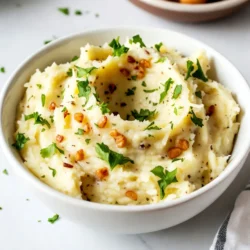 To make Garlic Parmesan Mashed Potatoes, you need a few simple items. Here’s the list: - 2 pounds large Yukon Gold potatoes - 4 cloves garlic - ½ cup unsalted butter - 1 cup heavy cream - 1 cup freshly grated Parmesan cheese - Salt and pepper - 2 tablespoons fresh parsley These ingredients come together to create a rich, creamy dish. Yukon Gold potatoes are great because they have a buttery flavor. The garlic adds a nice kick, while the Parmesan brings a lovely sharpness. The butter and cream make the potatoes smooth and rich. Using fresh parsley as a garnish not only adds color but also a burst of freshness. Each item plays a key role. For example, if you use too little salt, your dish may taste flat. Too much can overpower the flavors. By balancing these ingredients, you create a comforting side dish that’s sure to please everyone. {{ingredient_image_1}} To start, grab a large pot. Fill it with water and add salt. Bring the water to a boil. While you wait, peel and cube the Yukon Gold potatoes. I like to cut them into even pieces for even cooking. When the water is boiling, add the cubed potatoes and minced garlic. Cook them until the potatoes are fork-tender, which takes about 15 to 20 minutes. Test a piece to make sure it’s soft enough. Once the potatoes and garlic are done, drain them in a colander. Return them to the pot, letting the steam escape. This step is key to avoiding watery potatoes. Add the unsalted butter to the hot potatoes. The heat will help the butter melt quickly. Now comes the fun part! Use a potato masher to mash the potatoes until they are smooth and creamy. If you want them extra fluffy, you can use a ricer instead. Slowly pour in the heavy cream, mixing well as you go. This will help you reach your desired consistency. Then, stir in the freshly grated Parmesan cheese. Mix until the cheese is fully combined and melted into the potatoes. Don’t forget to season with salt and pepper to taste. This dish is all about balance! To make your Garlic Parmesan Mashed Potatoes creamy, start with Yukon Gold potatoes. They have a great texture. Boil them until fork-tender, about 15 to 20 minutes. Drain them well and return them to the pot. Add unsalted butter while the potatoes are still hot. This helps the butter melt and blend nicely. Next, pour in heavy cream slowly. Mix until you reach the smoothness you like. For flavor, stir in freshly grated Parmesan cheese. It adds a rich taste. Finally, season with salt and pepper. Taste as you go to balance the flavors. One common mistake is overcooking or undercooking the potatoes. If they are too soft, they will become gluey when mashed. If they are too firm, you will struggle to mash them. Aim for fork-tender potatoes. Another mistake is not mashing properly. Use a potato masher for the best results. Avoid using a blender or food processor, as this can make the potatoes gummy. Garnishing adds a nice touch. Fresh herbs like parsley work well. They brighten up the dish and add color. You can also sprinkle some extra Parmesan on top for a cheesy finish. For a bit of crunch, try adding crispy bacon bits or toasted breadcrumbs. These toppings add flavor and texture. Pro Tips Choose the Right Potatoes: Yukon Gold potatoes are ideal for mashing due to their creamy texture and buttery flavor. Don’t Rush the Boil: Ensure the potatoes are fork-tender by cooking them properly; this ensures a smooth mash. Add the Cream Gradually: Incorporating the heavy cream slowly allows you to achieve your desired consistency without making it too runny. Season Last: Adding salt and pepper at the end helps to better control the flavor without over-seasoning. {{image_2}} You can change the cheese for different tastes. Cream cheese adds a smooth texture. Cheddar brings a sharp flavor. Feta adds a salty kick. Experiment with what you like best. Each choice gives a unique twist to your garlic Parmesan mashed potatoes. Adding vegetables can boost flavor and nutrition. Roasted garlic gives a rich taste. Chives add a fresh, oniony note. Spinach adds color and health benefits. Mix these in while mashing for a tasty surprise. You can make your dish both creamy and vibrant. You can infuse your butter with herbs for more flavor. Try rosemary or thyme for a savory touch. Basil can add a fresh burst. Just heat the butter with your chosen herbs. This simple step makes your mashed potatoes stand out. Each bite will be a delightful blend of flavors. Store your Garlic Parmesan Mashed Potatoes in an airtight container. This keeps them fresh. Place them in the fridge within two hours after cooking. They’ll last up to four days. If you notice any browning on top, just mix it back in. This does not affect the taste. To reheat your mashed potatoes, use the microwave or stove. If using the microwave, heat in short bursts. Stir every minute to keep them creamy. For the stove, place them in a pot over low heat. Add a splash of cream or milk to restore texture. Stir often to avoid burning. You can freeze these mashed potatoes for up to three months. First, let them cool completely. Then, scoop them into freezer-safe bags. Remove as much air as possible before sealing. To thaw, place them in the fridge overnight. Reheat gently for the best texture. Yes, you can use other types of potatoes. Yukon Gold potatoes give a creamy texture and buttery flavor. Russet potatoes are another good choice. They mash well and have a fluffy texture. However, they can be a bit drier. Red potatoes keep their shape better when mashed. They add a different texture, which some people enjoy. To make garlic mashed potatoes vegan, swap butter for vegan butter or olive oil. Use plant-based cream like coconut cream or almond milk instead of heavy cream. These substitutions keep the flavor rich and creamy. You can also use nutritional yeast to get a cheesy taste without dairy. Garlic Parmesan mashed potatoes pair well with many main dishes. Try serving them with grilled chicken or steak. They also go great with roasted vegetables or a fresh salad. For a cozy meal, enjoy them with a hearty beef stew or a savory mushroom risotto. These sides enhance the creamy comfort of the potatoes. This blog post covers everything you need to know for making creamy Garlic Parmesan Mashed Potatoes. We discussed the key ingredients, step-by-step cooking methods, and tips to avoid common mistakes. You can add your favorite cheeses or vegetables for unique flavors. Proper storage and reheating methods are also covered. Remember, these mashed potatoes can shine at any meal. Try your new skills and share them with friends. Enjoy each creamy bite as you create a dish everyone loves!