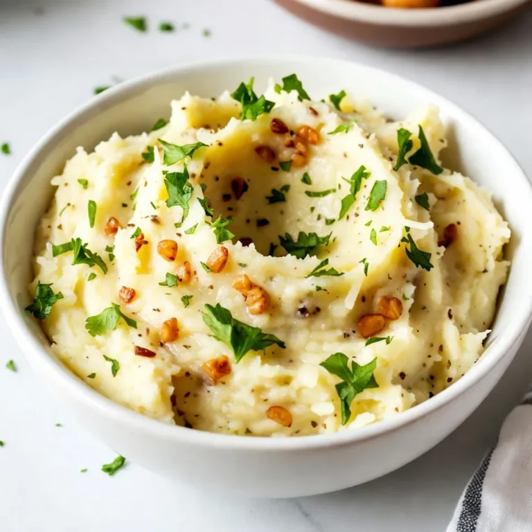 To make Garlic Parmesan Mashed Potatoes, you need a few simple items. Here’s the list: - 2 pounds large Yukon Gold potatoes - 4 cloves garlic - ½ cup unsalted butter - 1 cup heavy cream - 1 cup freshly grated Parmesan cheese - Salt and pepper - 2 tablespoons fresh parsley These ingredients come together to create a rich, creamy dish. Yukon Gold potatoes are great because they have a buttery flavor. The garlic adds a nice kick, while the Parmesan brings a lovely sharpness. The butter and cream make the potatoes smooth and rich. Using fresh parsley as a garnish not only adds color but also a burst of freshness. Each item plays a key role. For example, if you use too little salt, your dish may taste flat. Too much can overpower the flavors. By balancing these ingredients, you create a comforting side dish that’s sure to please everyone. {{ingredient_image_1}} To start, grab a large pot. Fill it with water and add salt. Bring the water to a boil. While you wait, peel and cube the Yukon Gold potatoes. I like to cut them into even pieces for even cooking. When the water is boiling, add the cubed potatoes and minced garlic. Cook them until the potatoes are fork-tender, which takes about 15 to 20 minutes. Test a piece to make sure it’s soft enough. Once the potatoes and garlic are done, drain them in a colander. Return them to the pot, letting the steam escape. This step is key to avoiding watery potatoes. Add the unsalted butter to the hot potatoes. The heat will help the butter melt quickly. Now comes the fun part! Use a potato masher to mash the potatoes until they are smooth and creamy. If you want them extra fluffy, you can use a ricer instead. Slowly pour in the heavy cream, mixing well as you go. This will help you reach your desired consistency. Then, stir in the freshly grated Parmesan cheese. Mix until the cheese is fully combined and melted into the potatoes. Don’t forget to season with salt and pepper to taste. This dish is all about balance! To make your Garlic Parmesan Mashed Potatoes creamy, start with Yukon Gold potatoes. They have a great texture. Boil them until fork-tender, about 15 to 20 minutes. Drain them well and return them to the pot. Add unsalted butter while the potatoes are still hot. This helps the butter melt and blend nicely. Next, pour in heavy cream slowly. Mix until you reach the smoothness you like. For flavor, stir in freshly grated Parmesan cheese. It adds a rich taste. Finally, season with salt and pepper. Taste as you go to balance the flavors. One common mistake is overcooking or undercooking the potatoes. If they are too soft, they will become gluey when mashed. If they are too firm, you will struggle to mash them. Aim for fork-tender potatoes. Another mistake is not mashing properly. Use a potato masher for the best results. Avoid using a blender or food processor, as this can make the potatoes gummy. Garnishing adds a nice touch. Fresh herbs like parsley work well. They brighten up the dish and add color. You can also sprinkle some extra Parmesan on top for a cheesy finish. For a bit of crunch, try adding crispy bacon bits or toasted breadcrumbs. These toppings add flavor and texture. Pro Tips Choose the Right Potatoes: Yukon Gold potatoes are ideal for mashing due to their creamy texture and buttery flavor. Don’t Rush the Boil: Ensure the potatoes are fork-tender by cooking them properly; this ensures a smooth mash. Add the Cream Gradually: Incorporating the heavy cream slowly allows you to achieve your desired consistency without making it too runny. Season Last: Adding salt and pepper at the end helps to better control the flavor without over-seasoning. {{image_2}} You can change the cheese for different tastes. Cream cheese adds a smooth texture. Cheddar brings a sharp flavor. Feta adds a salty kick. Experiment with what you like best. Each choice gives a unique twist to your garlic Parmesan mashed potatoes. Adding vegetables can boost flavor and nutrition. Roasted garlic gives a rich taste. Chives add a fresh, oniony note. Spinach adds color and health benefits. Mix these in while mashing for a tasty surprise. You can make your dish both creamy and vibrant. You can infuse your butter with herbs for more flavor. Try rosemary or thyme for a savory touch. Basil can add a fresh burst. Just heat the butter with your chosen herbs. This simple step makes your mashed potatoes stand out. Each bite will be a delightful blend of flavors. Store your Garlic Parmesan Mashed Potatoes in an airtight container. This keeps them fresh. Place them in the fridge within two hours after cooking. They’ll last up to four days. If you notice any browning on top, just mix it back in. This does not affect the taste. To reheat your mashed potatoes, use the microwave or stove. If using the microwave, heat in short bursts. Stir every minute to keep them creamy. For the stove, place them in a pot over low heat. Add a splash of cream or milk to restore texture. Stir often to avoid burning. You can freeze these mashed potatoes for up to three months. First, let them cool completely. Then, scoop them into freezer-safe bags. Remove as much air as possible before sealing. To thaw, place them in the fridge overnight. Reheat gently for the best texture. Yes, you can use other types of potatoes. Yukon Gold potatoes give a creamy texture and buttery flavor. Russet potatoes are another good choice. They mash well and have a fluffy texture. However, they can be a bit drier. Red potatoes keep their shape better when mashed. They add a different texture, which some people enjoy. To make garlic mashed potatoes vegan, swap butter for vegan butter or olive oil. Use plant-based cream like coconut cream or almond milk instead of heavy cream. These substitutions keep the flavor rich and creamy. You can also use nutritional yeast to get a cheesy taste without dairy. Garlic Parmesan mashed potatoes pair well with many main dishes. Try serving them with grilled chicken or steak. They also go great with roasted vegetables or a fresh salad. For a cozy meal, enjoy them with a hearty beef stew or a savory mushroom risotto. These sides enhance the creamy comfort of the potatoes. This blog post covers everything you need to know for making creamy Garlic Parmesan Mashed Potatoes. We discussed the key ingredients, step-by-step cooking methods, and tips to avoid common mistakes. You can add your favorite cheeses or vegetables for unique flavors. Proper storage and reheating methods are also covered. Remember, these mashed potatoes can shine at any meal. Try your new skills and share them with friends. Enjoy each creamy bite as you create a dish everyone loves!