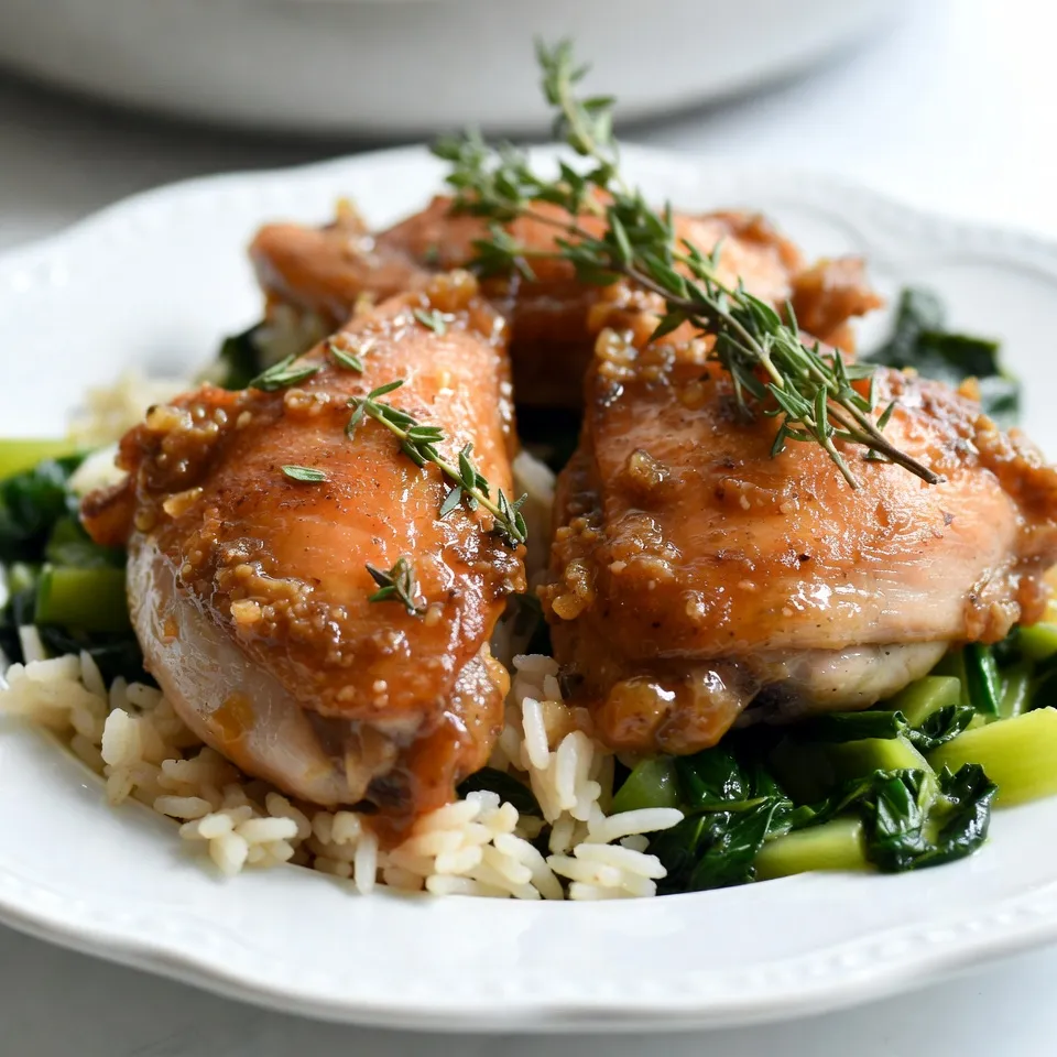 - 4 bone-in chicken thighs, skin-on - 1/3 cup honey - 1/4 cup Dijon mustard - 2 tablespoons apple cider vinegar - 2 cloves garlic, minced - 1 teaspoon dried thyme - 1 teaspoon smoked paprika - Salt and pepper to taste - 2 tablespoons olive oil For this recipe, use 4 chicken thighs. Bone-in and skin-on gives the best flavor. Honey adds sweetness. Use 1/3 cup for a rich glaze. Dijon mustard, at 1/4 cup, gives a nice tang. Apple cider vinegar, 2 tablespoons, adds brightness to the sauce. Mince 2 cloves of garlic for a fresh taste. Thyme and smoked paprika bring depth. Add salt and pepper to taste, adjusting as needed. Use 2 tablespoons of olive oil for searing. You can swap chicken thighs for boneless pieces if you prefer. Honey can be replaced with maple syrup for a different flavor. Use yellow mustard instead of Dijon if that’s what you have. If you don’t have apple cider vinegar, white vinegar will work too. For garlic, you can use garlic powder, but fresh is best. If you don’t like thyme, Italian seasoning is a great substitute. {{ingredient_image_1}} First, set your oven to 400°F (200°C). This step is key for a nice bake. Preheating ensures even cooking. While the oven warms up, you can prepare your sauce and chicken. In a mixing bowl, whisk together the following: - 1/3 cup honey - 1/4 cup Dijon mustard - 2 tablespoons apple cider vinegar - 2 cloves garlic, minced - 1 teaspoon dried thyme - 1 teaspoon smoked paprika - Salt and pepper to taste Mix well until smooth. This sauce adds a sweet and tangy flavor. It’s simple but so tasty. You can adjust the vinegar for extra zing if you like. Now, take your chicken thighs. Pat them dry using paper towels. This step helps the skin crisp up nicely. Season both sides with salt and pepper. Heat 2 tablespoons of olive oil in a large oven-safe skillet over medium-high heat. Once the oil is hot, place the chicken thighs skin-side down. Sear them for 5-7 minutes until the skin is crispy and golden brown. After searing, flip the chicken thighs over. Pour the honey mustard sauce all over them. Make sure to coat each piece evenly. Transfer the skillet to your preheated oven. Bake the chicken for 25-30 minutes. Use a meat thermometer to check for doneness. The internal temperature should reach 165°F (75°C). If your sauce is too runny, broil the chicken for the last 2-3 minutes. Keep a close eye to avoid burning. Once done, let the chicken rest for 5 minutes before serving. Enjoy the rich flavors and tender meat! To get that crispy skin, start by drying the chicken thighs. Pat them well with paper towels. This step helps the skin get nice and crispy. When you sear the thighs, use medium-high heat. Sear them skin-side down for about 5-7 minutes. Don't rush this step. Let the skin brown well before flipping. Always check the chicken's internal temperature. Use a meat thermometer to ensure it reaches 165°F (75°C). This keeps the chicken safe to eat. Insert the thermometer into the thickest part of the thigh, avoiding bones. If you don't have a thermometer, check that the juices run clear when you cut into it. If your sauce is too runny, don't worry. You can thicken it easily. After baking, put the skillet under the broiler for 2-3 minutes. Keep a close eye on it to avoid burning. The heat will help the sauce glaze the chicken beautifully. For an even thicker sauce, whisk in a bit of cornstarch mixed with water before broiling. Pro Tips Use Fresh Ingredients: Fresh garlic and herbs will enhance the flavor of the sauce, giving it a more vibrant and aromatic quality. Let the Chicken Rest: Allowing the chicken to rest for a few minutes after baking helps redistribute the juices, making it more tender and juicy. Experiment with Mustard: Try different types of mustard, like whole grain or spicy brown, to give your sauce a unique twist. Check for Doneness: Always use a meat thermometer to ensure the chicken reaches an internal temperature of 165°F (75°C) for safe consumption. {{image_2}} You can use either bone-in or boneless chicken thighs for this recipe. Bone-in thighs have more flavor and stay juicy. They also take a bit longer to cook. Boneless thighs are quicker to prepare and easier to eat. If you choose boneless, reduce the baking time by about 10 minutes. Always check that the chicken reaches 165°F (75°C) inside. Adding vegetables makes the meal more colorful and healthy. You can toss in veggies like carrots, bell peppers, or broccoli. Cut them into bite-sized pieces and add them to the skillet before baking. They will soak up the honey mustard sauce and add great taste. This not only adds flavor but also makes a one-pan meal easy to clean up. You can swap out Dijon mustard for other types. Try yellow mustard for a milder taste or spicy brown for a kick. Honey mustard blends well for a sweeter twist. Each type adds its own unique flavor to the dish. Feel free to experiment and find what you love best. After enjoying your honey mustard chicken thighs, store any leftovers in a tight container. Let the chicken cool down first. Once cool, place it in the fridge. It stays fresh for up to three days. Make sure to cover the dish to avoid drying out. You can also freeze the honey mustard chicken thighs. Wrap each thigh in plastic wrap and then place them in a freezer bag. This keeps the chicken safe from freezer burn. They can last up to three months in the freezer. When you're ready to eat, just thaw them in the fridge overnight. To reheat, preheat your oven to 350°F (175°C). Place the chicken thighs in an oven-safe dish. Cover them with foil to keep the moisture in. Heat for about 20-25 minutes, or until warm. You can also use a microwave for quick reheating. Just place the chicken on a plate and heat in short bursts. Check often to avoid overcooking. Enjoy your tasty leftovers! Bake chicken thighs for 25 to 30 minutes. This time gives them a nice cook. You want the inside to reach 165°F (75°C). Use a meat thermometer for best results. If they are not cooked, put them back in. Always check the thickest part for doneness. Yes, you can use other types of mustard. Honey mustard is sweet and tangy. But, yellow mustard or whole grain mustard also works well. Each type gives a different taste. Experiment and see which one you like best! Many sides go great with honey mustard chicken thighs. Try serving them with steamed veggies like broccoli or green beans. Fluffy rice or creamy mashed potatoes also work well. A fresh salad adds a nice crunch. Choose what you enjoy most to make your meal complete! This blog post guides you through making honey mustard chicken thighs. We covered the best ingredients, preparation tips, and how to cook them perfectly. You learned tips for crispy skin and sauce thickness, plus variations with bone-in thighs or added veggies. We also discussed storage and reheating methods. Cooking can be fun and easy. Remember these steps for your next meal. Enjoy your tasty honey mustard chicken!